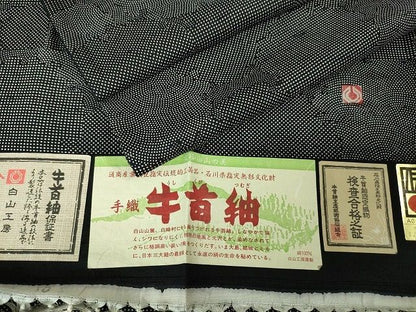 平和屋本店■極上　石川県指定無形文化財　牛首紬　白山工房　手織り　雪輪重ね　黒地　証紙付き　逸品　DZAA2069kh4 - 平和屋
