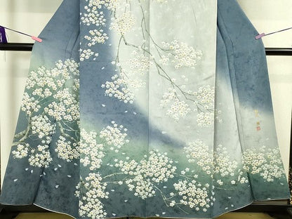 平和屋本店■極上　京友禅の巨匠・頼田勉　臈纈染手描友禅　訪問着　枝桜　暈し染め　銀通し地　逸品　未使用　DZAA2077kh4 - 平和屋
