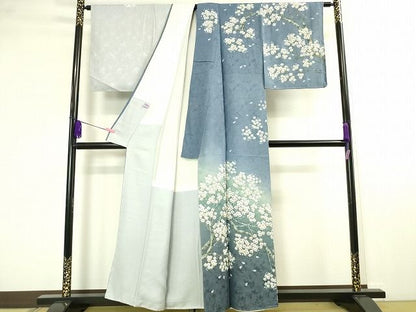 平和屋本店■極上　京友禅の巨匠・頼田勉　臈纈染手描友禅　訪問着　枝桜　暈し染め　銀通し地　逸品　未使用　DZAA2077kh4 - 平和屋