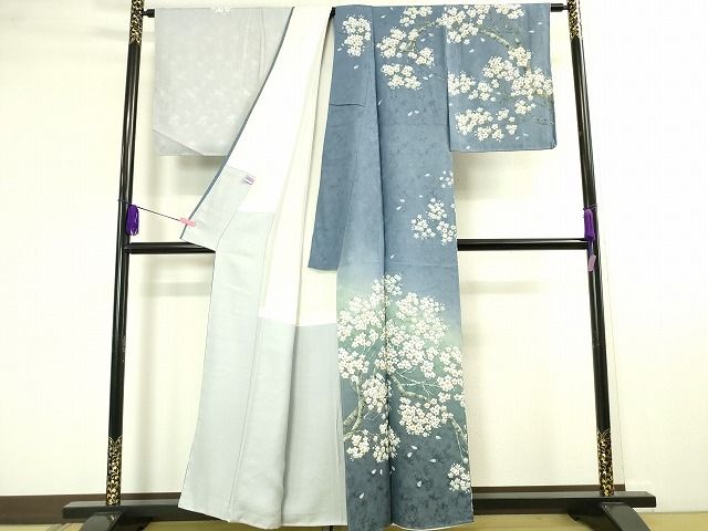 平和屋本店■極上　京友禅の巨匠・頼田勉　臈纈染手描友禅　訪問着　枝桜　暈し染め　銀通し地　逸品　未使用　DZAA2077kh4 - 平和屋