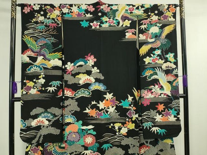 平和屋本店■極上　アンティーク　大正ロマン　振袖　駒刺繍　立波飛鶴花文　黒地　金糸　逸品　DZAA2187kh4