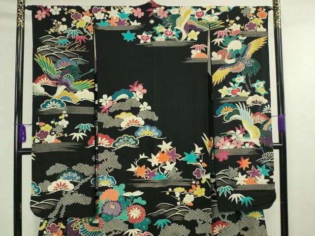 平和屋本店■極上　アンティーク　大正ロマン　振袖　駒刺繍　立波飛鶴花文　黒地　金糸　逸品　DZAA2187kh4