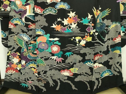 平和屋本店■極上　アンティーク　大正ロマン　振袖　駒刺繍　立波飛鶴花文　黒地　金糸　逸品　DZAA2187kh4