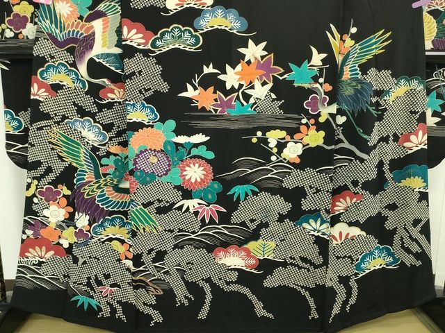 平和屋本店■極上　アンティーク　大正ロマン　振袖　駒刺繍　立波飛鶴花文　黒地　金糸　逸品　DZAA2187kh4