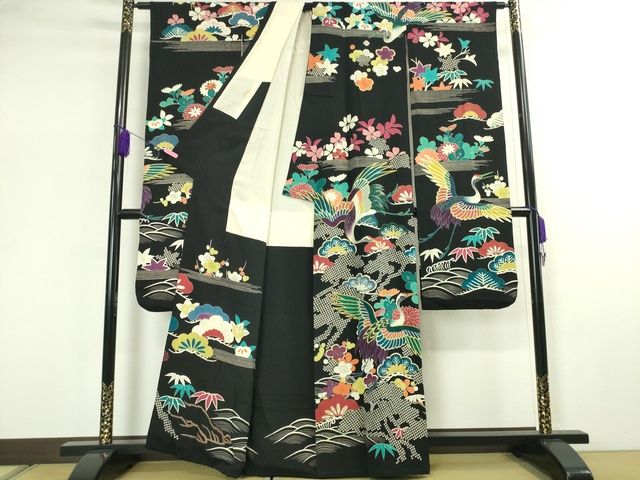平和屋本店■極上　アンティーク　大正ロマン　振袖　駒刺繍　立波飛鶴花文　黒地　金糸　逸品　DZAA2187kh4