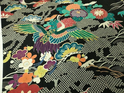 平和屋本店■極上　アンティーク　大正ロマン　振袖　駒刺繍　立波飛鶴花文　黒地　金糸　逸品　DZAA2187kh4