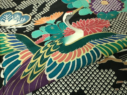 平和屋本店■極上　アンティーク　大正ロマン　振袖　駒刺繍　立波飛鶴花文　黒地　金糸　逸品　DZAA2187kh4
