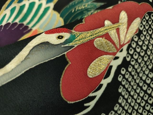 平和屋本店■極上　アンティーク　大正ロマン　振袖　駒刺繍　立波飛鶴花文　黒地　金糸　逸品　DZAA2187kh4