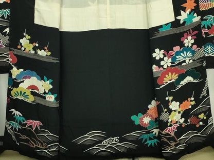 平和屋本店■極上　アンティーク　大正ロマン　振袖　駒刺繍　立波飛鶴花文　黒地　金糸　逸品　DZAA2187kh4