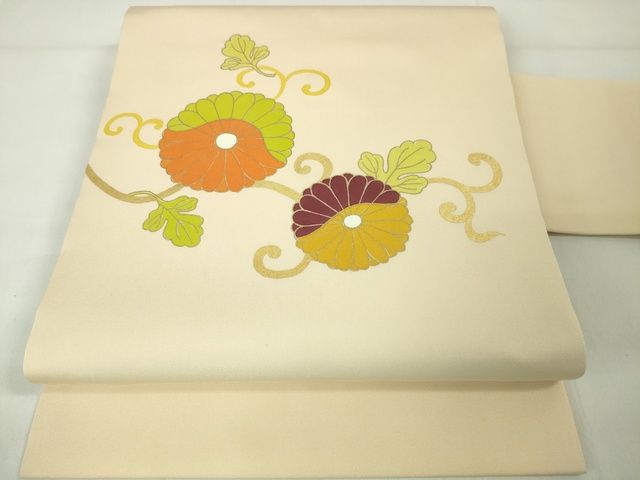 平和屋本店■極上　銀座　志ま亀　塩瀬　九寸名古屋帯　菊唐草文　薄卵色地　金彩　たとう紙付き　逸品　DZAA2301kh4