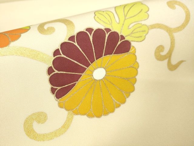 平和屋本店■極上　銀座　志ま亀　塩瀬　九寸名古屋帯　菊唐草文　薄卵色地　金彩　たとう紙付き　逸品　DZAA2301kh4