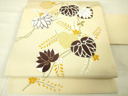 期間限定セール20％off●極上　工芸キモノ野口　九寸名古屋帯　葵　薄卵色　金彩　鬼しぼ縮緬　逸品　未使用　DZAA2352kh4