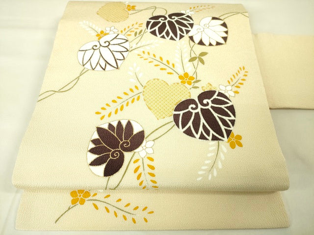 期間限定セール20％off●極上　工芸キモノ野口　九寸名古屋帯　葵　薄卵色　金彩　鬼しぼ縮緬　逸品　未使用　DZAA2352kh4