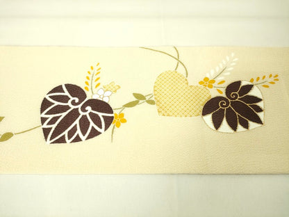 期間限定セール20％off●極上　工芸キモノ野口　九寸名古屋帯　葵　薄卵色　金彩　鬼しぼ縮緬　逸品　未使用　DZAA2352kh4