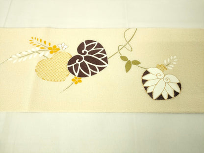 期間限定セール20％off●極上　工芸キモノ野口　九寸名古屋帯　葵　薄卵色　金彩　鬼しぼ縮緬　逸品　未使用　DZAA2352kh4