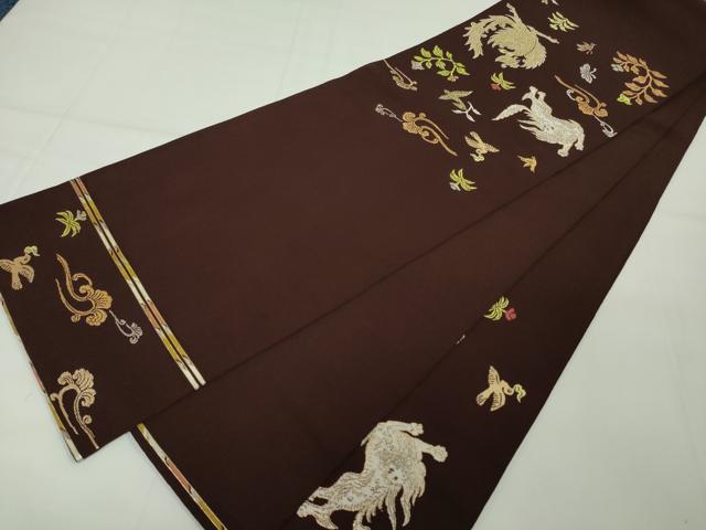 平和屋本店■極上　龍村平蔵製　本袋帯　木画獅鳳錦　黒檀色地　金糸　逸品　DZAA2436kh4