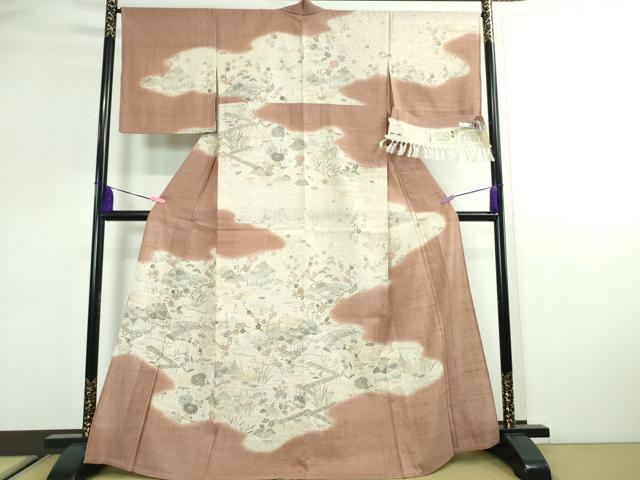 平和屋本店■極上　染織の名門　しょうざん 生紬　訪問着　単衣　渡橋風景花文　洗朱色地　証紙付き　逸品　DZAA2529kh5 - 平和屋