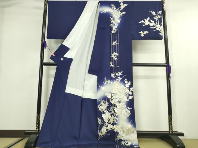 平和屋本店■極上　訪問着　総手刺繍　吉祥花丸文　暈し染め　鉄紺色地　金糸　逸品　DZAA2569kh5 - 平和屋