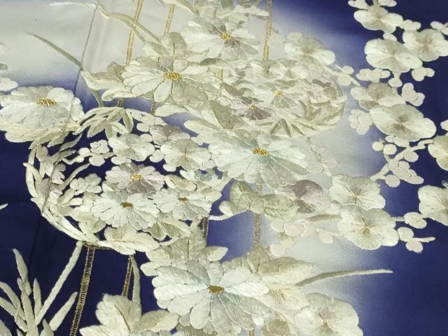 平和屋本店■極上　訪問着　総手刺繍　吉祥花丸文　暈し染め　鉄紺色地　金糸　逸品　DZAA2569kh5 - 平和屋