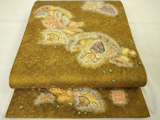 平和屋本店●最高級　初代　久保田一竹　幻の辻が花　太鼓柄袋帯　絞り　貝殻　金通し地　逸品　未使用　DZAA2590kh5