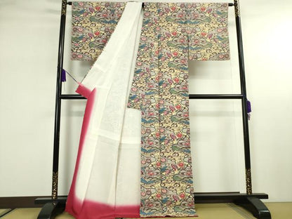 平和屋本店■希少　城間栄喜　琉球紅型　小紋　水辺に鶴と雲に花舟文様紅型　参考資料付き　逸品　未使用　DZAA2615kh5 - 平和屋