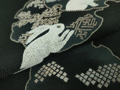 平和屋本店■極上 中国人間国宝 将雪英 中国三大刺繍 汕頭・相良刺繍 六通太鼓柄袋帯 雪輪兎　黒地　共箱・証明書付き　逸品　DZAA2662kh5 - 平和屋