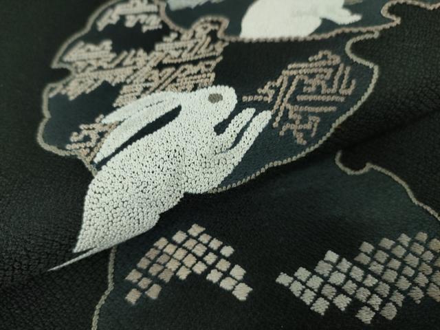 平和屋本店■極上 中国人間国宝 将雪英 中国三大刺繍 汕頭・相良刺繍 六通太鼓柄袋帯 雪輪兎　黒地　共箱・証明書付き　逸品　DZAA2662kh5 - 平和屋