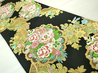 平和屋本店■極上　西陣　川島織物　六通柄　本袋帯　草花文　黒地　金銀糸　逸品　未使用　DZAA2678kh5 - 平和屋