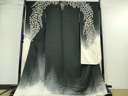 平和屋本店■極上 ジャパンオートクチュール 渡辺雪三郎 振袖・長襦袢(無双仕立て)セット 藤花房 たたき染め 黒地 金彩　逸品　DZAA2742kh5 - 平和屋
