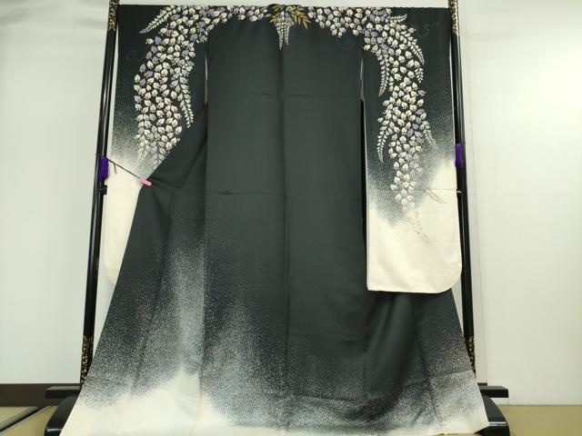 平和屋本店■極上 ジャパンオートクチュール 渡辺雪三郎 振袖・長襦袢(無双仕立て)セット 藤花房 たたき染め 黒地 金彩　逸品　DZAA2742kh5 - 平和屋