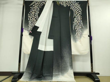 平和屋本店■極上 ジャパンオートクチュール 渡辺雪三郎 振袖・長襦袢(無双仕立て)セット 藤花房 たたき染め 黒地 金彩　逸品　DZAA2742kh5 - 平和屋
