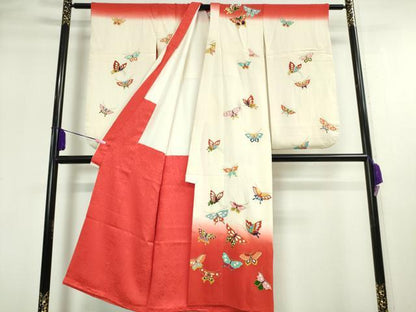 平和屋本店[]極上 七五三 女の子 7歳 祝着 駒刺繍 舞蝶文 暈し染め 鬼しぼ縮緬 金彩 逸品 DZAA2913kh5