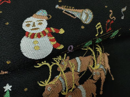 平和屋本店■極上 西陣 大光謹製 九寸名古屋帯 クリスマス サンタクロース トナカイ 雪だるま 黒地 金銀糸 証紙付き 逸品 新品 DZAA3034kh5 - 平和屋