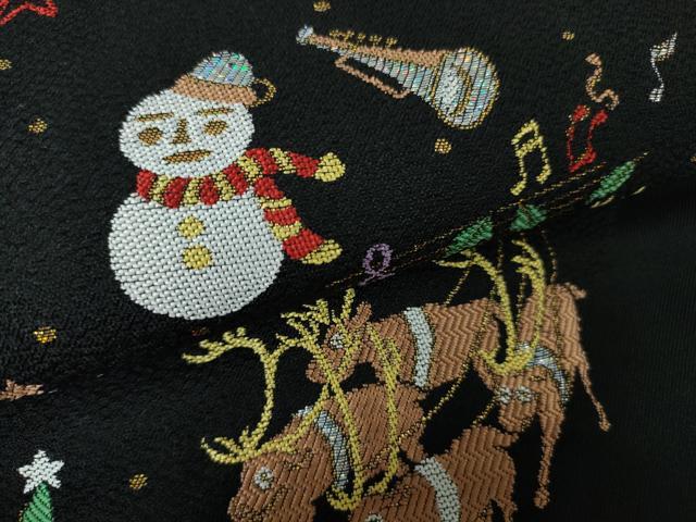 平和屋本店■極上 西陣 大光謹製 九寸名古屋帯 クリスマス サンタクロース トナカイ 雪だるま 黒地 金銀糸 証紙付き 逸品 新品 DZAA3034kh5 - 平和屋