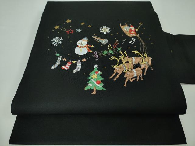 平和屋本店■極上 西陣 大光謹製 九寸名古屋帯 クリスマス サンタクロース トナカイ 雪だるま 黒地 金銀糸 証紙付き 逸品 新品 DZAA3034kh5 - 平和屋