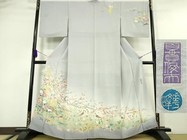 平和屋本店■極上　本加賀友禅作家　百貫華峰　訪問着　吉祥花鳥文　暈し染め　淡藤色地　逸品　DZAA3058kh5