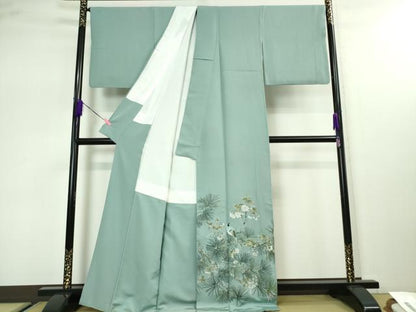 平和屋本店■極上　山口美術織物　皇室　伊勢神宮御用　西陣織　色留訪問着　総刺繍　休み鳥　松　藤　新橋色地　金糸　逸品　DZAA3105kh5 - 平和屋