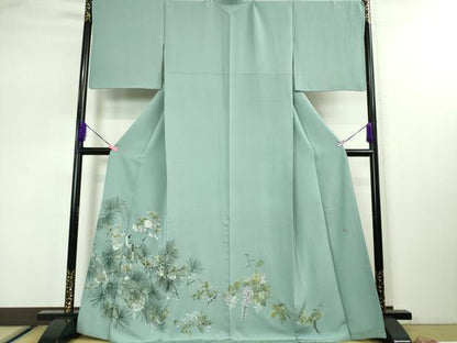 平和屋本店■極上　山口美術織物　皇室　伊勢神宮御用　西陣織　色留訪問着　総刺繍　休み鳥　松　藤　新橋色地　金糸　逸品　DZAA3105kh5 - 平和屋