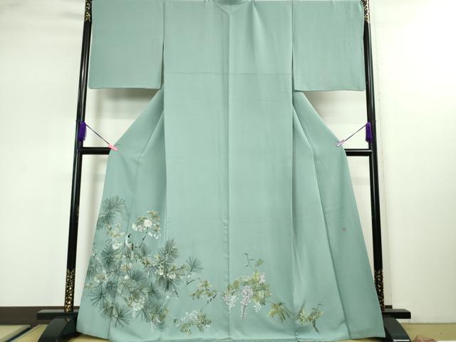 平和屋本店■極上　山口美術織物　皇室　伊勢神宮御用　西陣織　色留訪問着　総刺繍　休み鳥　松　藤　新橋色地　金糸　逸品　DZAA3105kh5 - 平和屋