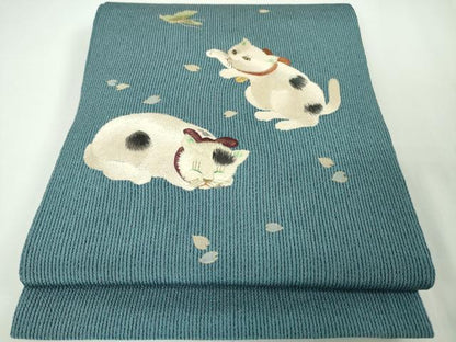 平和屋本店■極上　セミアンティーク　太鼓柄袋帯　総手刺繍　猫　蝶　縮緬地　金糸　逸品　DZAA3128kh5 - 平和屋