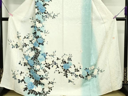 平和屋本店■極上　名門染元　秀美　十日町友禅　龍谷　訪問着　単衣　舞蝶薔薇文　暈し染め　銀通し地　逸品　DZAA3160kh5 - 平和屋