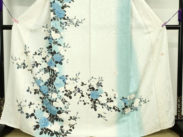 平和屋本店■極上　名門染元　秀美　十日町友禅　龍谷　訪問着　単衣　舞蝶薔薇文　暈し染め　銀通し地　逸品　DZAA3160kh5 - 平和屋