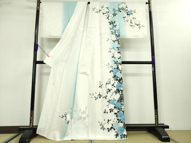 平和屋本店■極上　名門染元　秀美　十日町友禅　龍谷　訪問着　単衣　舞蝶薔薇文　暈し染め　銀通し地　逸品　DZAA3160kh5 - 平和屋