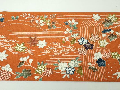 平和屋本店■極上　銀座きしや　九寸名古屋帯　駒刺繍　吉祥花文　鬼しぼ縮緬　朱色地　たとう紙付き　逸品　未使用　DZAA3212kh5 - 平和屋