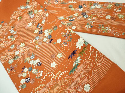 平和屋本店■極上　銀座きしや　九寸名古屋帯　駒刺繍　吉祥花文　鬼しぼ縮緬　朱色地　たとう紙付き　逸品　未使用　DZAA3212kh5 - 平和屋