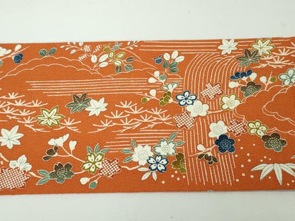 平和屋本店■極上　銀座きしや　九寸名古屋帯　駒刺繍　吉祥花文　鬼しぼ縮緬　朱色地　たとう紙付き　逸品　未使用　DZAA3212kh5 - 平和屋