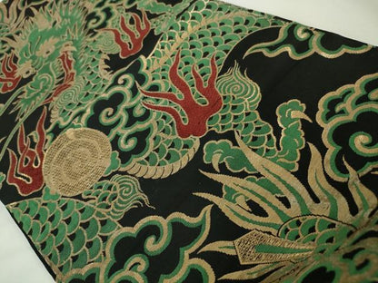 平和屋本店■極上　アンティーク　大正ロマン　丸帯　龍　黒地　金糸　小大丸　たとう紙付き　逸品　DZAA3214kh5