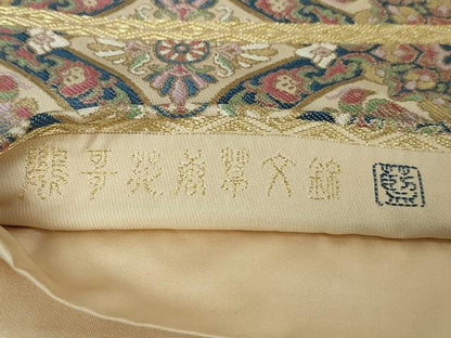 平和屋本店■極上　龍村晋謹製　全通柄袋帯　鸚哥花唐草文錦　本藍　金糸　逸品　DZAA3234kh5 - 平和屋
