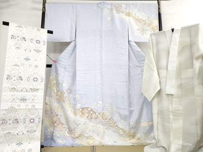 平和屋本店■極上 訪問着・長襦袢(無双仕立て)・袋帯 3点セット　駒刺繍　道長正倉院花文　淡藤色地　反端付き　逸品　未使用　DZAA3276kh5
