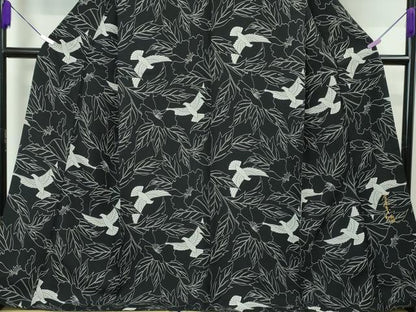 平和屋本店■極上　染色作家　斉藤三才　小紋　三才鳥　草花　黒地　逸品　DZAA3278kh5